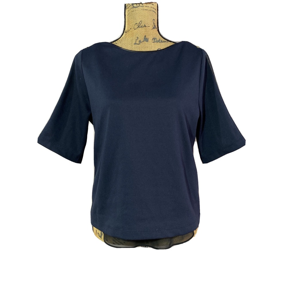 Ann Taylor Top S Navy Blue Ponte Black Faux Leather Trim Chiffon Peekaboo Lined